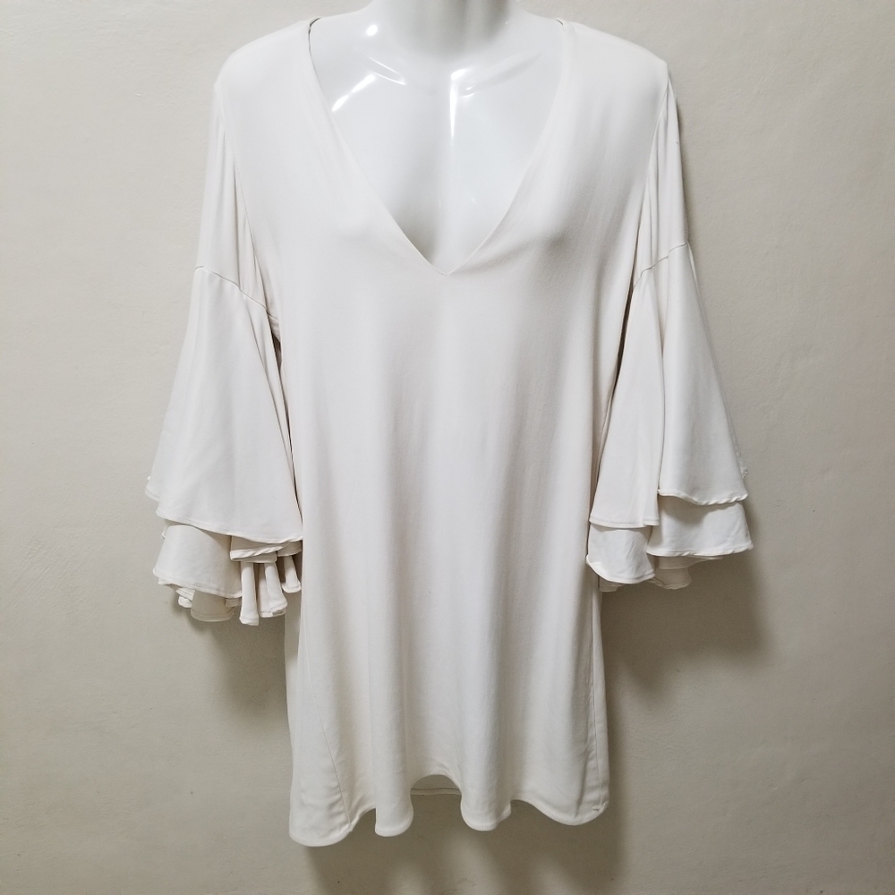 Alexis Women Tunic Dress Mini Ruffle Bell Flared Sleeves V-neck Cream Solid XS